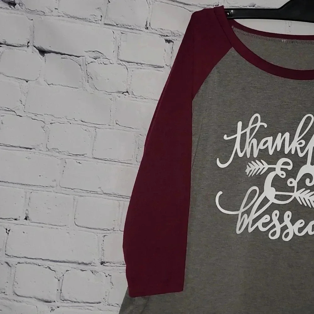 "Thankful and Blessed" Gray 3/4  Maroon Sleeve Womens Shirt Size XL - Picture 3 of 6